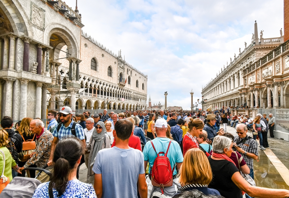 Crowded tourist area in Venice.